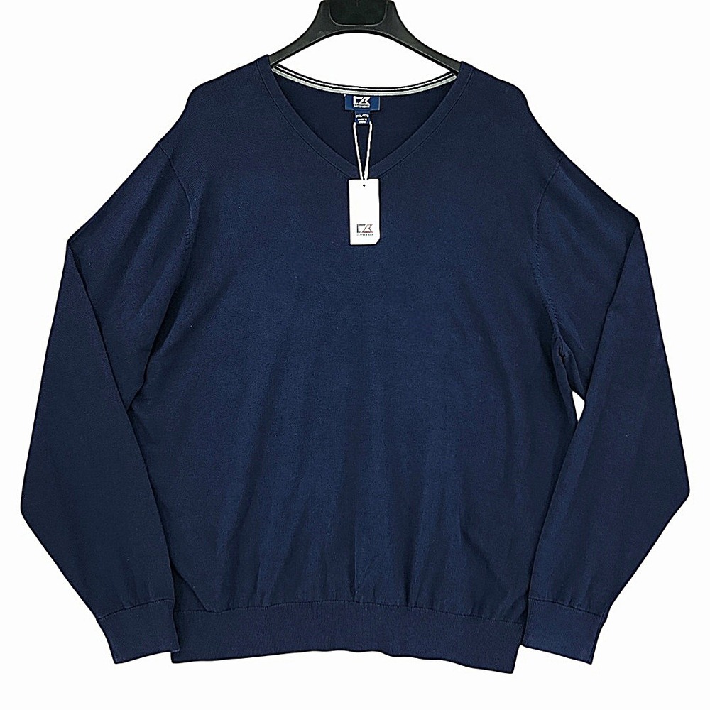 Cutter & Buck V-Neck Sweater XXL Men Navy Blue Cotton Nylon Stretch Pullover NEW